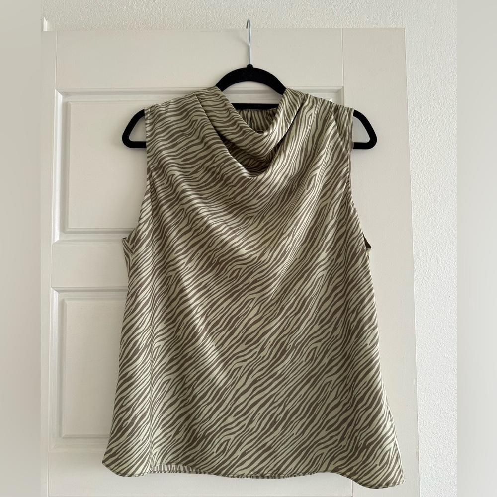 Joie Sleeveless Cowl Neck Green Zebra Print Top Size Large